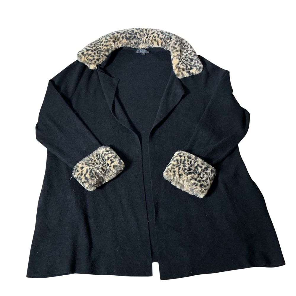 Belldini Faux Fur Trim Cardigan Women 2X Black Leopard Print Sophisticated Glam